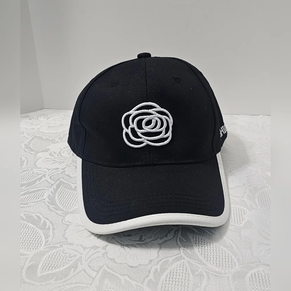 New Trendy Women's Black Adjustable Cap With Camellia Embroidery